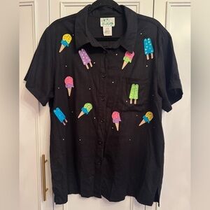 Quacker Factory Black Shirt with Colorful Ice Cream Print Sz L
